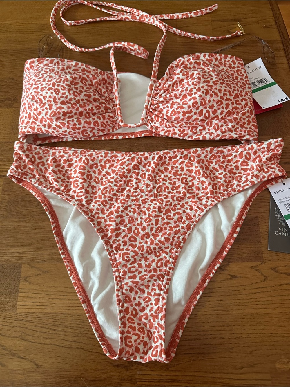 Vince Camuto Coral Leopard Print Bandeau Halter Swim Top Swim Set